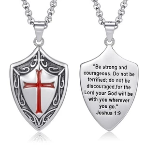 Knights Templar Cross Joshua 1:9 Shield Necklace Sterling Silver Armor of God... - Picture 1 of 7