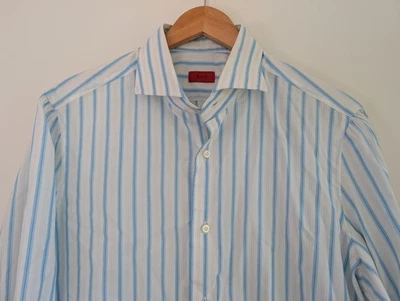 Camisa ISAIA blanca azul a rayas de algodón con botones para hombre talla 16/41 usada en excelente estado Foto 1 de 4