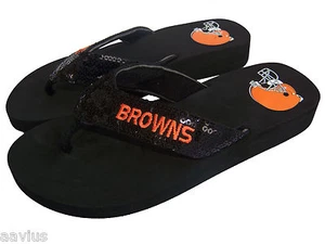 Cleveland Browns NFL Sequin Ladies Flip Flops Women's Slippers Fan Gift -Black - Picture 1 of 4