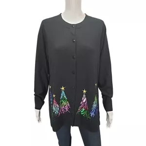 Quacker Factory Cardigan Medium Sz Black Embroidered Sequin Christmas Sweater - Picture 1 of 13