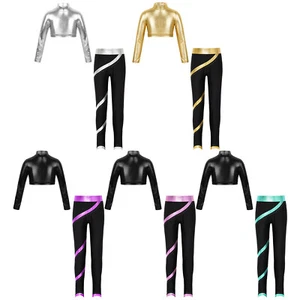 Kids Girls Crop Top With Pants Metallic Tracksuits Shiny Sports Outfit Jogging - Picture 1 of 8