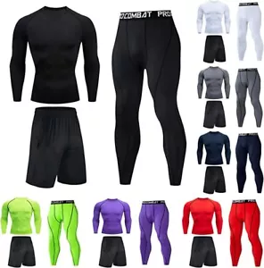Mens GYM 3 piece Compression Running Set Rashguard Base Layer shorts Leggings - Picture 1 of 16