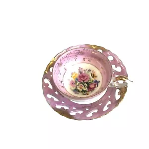 Floral Tea Cup Saucer Reticulated Vtg 3 Footed Gilding 2.25 x 3.75 inches Japan - Picture 1 of 10
