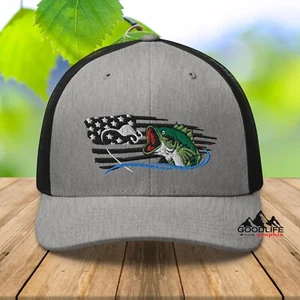 Bass Fishing American Flag Trucker Hat for Men Women - Picture 1 of 28