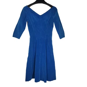 Vestido midi de terciopelo de colección de los años 70 talla 12 azul verdoso terciopelo cuello en V manga 3/4 ajuste acampanado - Imagen 1 de 4