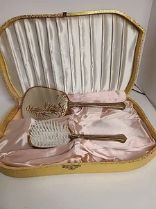 Vintage goldfarbener Handspiegel und Pinsel in der Box Made in USA - Bild 1 von 11