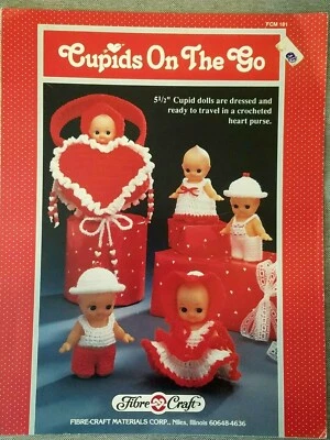 Fibre Craft 181 CUPIDS ON THE GO crochet Boy/Girl 5.5" Dolls 4pg leaflet 1989  - Image 1 of 4