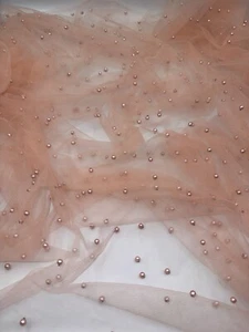 1 mtr peach pearl beaded tulle net bridal dress fabric..58” wide (147cm) - Picture 1 of 4