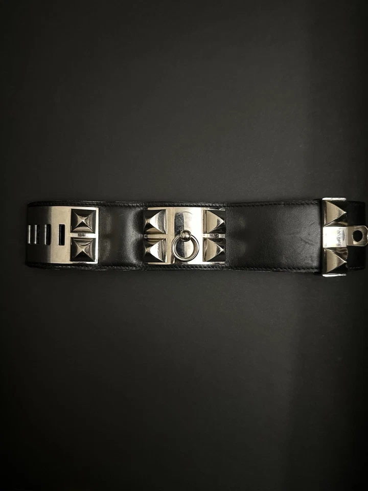 Pulsera Hermes Swift Collier de Chien CDC Cuero Negro Plata Tachonado Foto 1 de 4