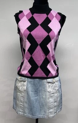 Suéter Dressbarn Mujer Mediano Negro Rosa Argyle Sin Mangas Cuello Alto Preppy Foto 1 de 4