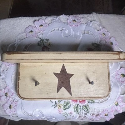 Primitive Cottage White Cream wood wall Shelf distressed Country Star Iron Nail - Image 1 of 4
