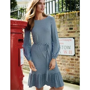 Boden Holly Jersey Knit Dress Size 12L Ruffle Hem Blue Geometric Print Belted - Picture 1 of 9
