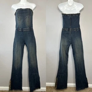 Mono de mezclilla CELLO EE. UU. Vintage sin tirantes acampanado pierna flecos talla mediana Y2K Boho - Imagen 1 de 11