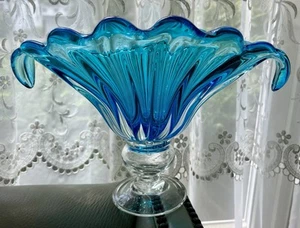 "Ventilador de Murano centro de mesa azul pavo real tallo transparente arte cuenco de vidrio 13"" w 9"" h" - Imagen 1 de 10