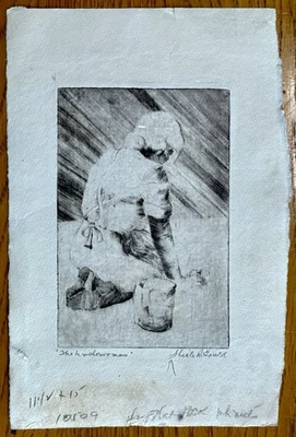 Grabado a lápiz original firmado por Sheila R. Gould titulado The Washerwoman Foto 1 de 4