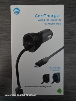 Brand New AT&T FAST 3.4amp Coiled Micro-USB Car Charger  LED Indicator - Image 1 of 2