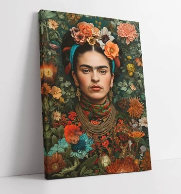 FLORAL PORTRAIT OF FRIDA KAHLO -FRAMED CANVAS WALL ART PICTURE PRINT - Image 1 of 2