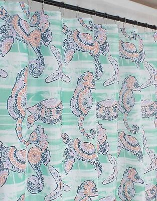 Cortina de ducha de tela colorida caballo de mar tortuga marina estrella de mar verde aguamarina Foto 1 de 4