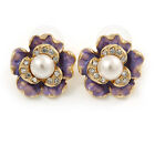 Purple Enamel Clear Crystal Faux Glass Pearl Flower Stud Earrings In Gold Tone