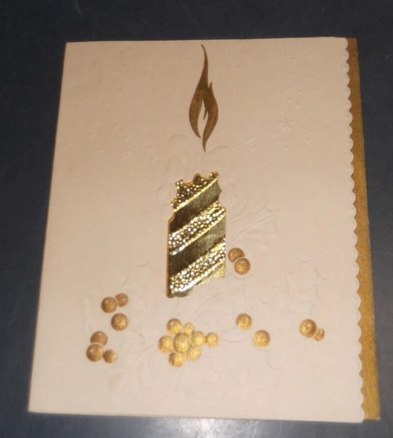 ВИНТАЖНАЯ РОЖДЕСТВЕНСКАЯ ОТКРЫТКА ФОЛЬГА СВЕЧА РАПСОДИЯ В БЕЛОМ 381 СДЕЛАНО В США - Изображение 1 из 3