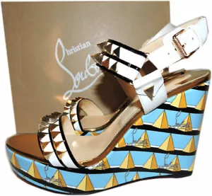 Christian Louboutin Griotta 120 Wedge Sandals Turquoise Spike Shoes 40 Slingback - Picture 1 of 10
