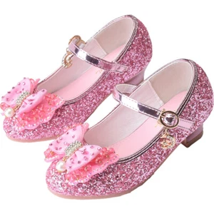 Little Flower Girl Big Kids Mary Jane Bow Sparkly Elsa Princess High Heels Shoes - Picture 1 of 27