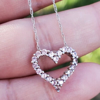 COLLAR CADENA CUERDA COLGANTE CORAZÓN ZAFIRO ROSA ORO BLANCO MACIZO 14K 18" IN. NUEVO Foto 1 de 4