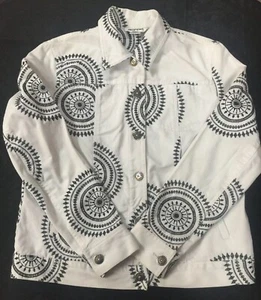 Denim Jacket Easy Spirit Size 8 White Black Mandalas Embroideried All Over - Picture 1 of 10