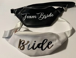 Bride (white) & Team Bride (black) Fanny Pack Duo, Adjustable Straps, Clasp/Clip - Picture 1 of 11