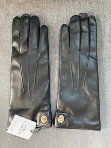 COACH Black Sheep Leather Cashmere LinedGloves with Gold Turn Key Accent- SZ 7.5 - Picture 1 of 7