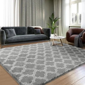 Plüsch Vorleger 4x6 Fuß für Wohnzimmer, ultraweich Indoor, weiß & grau, hoch - Bild 1 von 4
