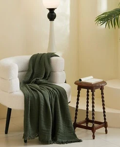 Olive Green Cotton Muslin Throw 50"x60" Tassels Pre-Washed Lightweight - Picture 1 of 6