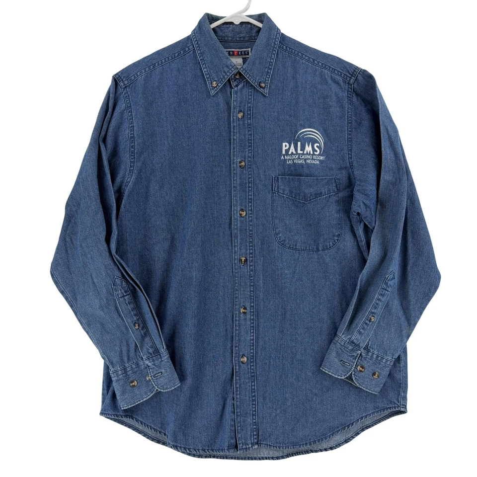Camisa vaquera Palms Las Vegas para hombre mediana azul con botones manga larga jerzees Foto 1 de 4