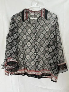 Women's Vintage Blouse L Nikola Sheer Button Front Arabesque Pattern - Picture 1 of 3