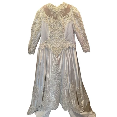 Wedding Dress Ball Gown Private Label by G White Beaded Train Modest Bustle READ - Image 1 of 4
