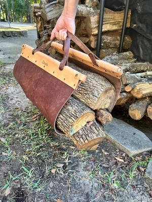 Portador de troncos de cuero, portador de leña, accesorio de chimenea de cuero, hecho a mano Foto 1 de 4