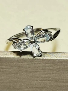 925 Sterling Silber natürlicher Santa Maria blauer Aquamarin Kleeblatt Ring - Bild 1 von 15