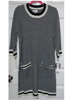 Gray Sweater Dress with Front Pockets and White & Black Striped Trim NWT 2X - Image 1 of 4
