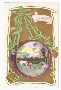 Beste Wünsche geprägt 1910 Postkarte Deutschland Gold grün Pferd Mann pflügt Feld - Bild 1 von 2