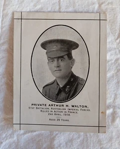 Australian WW1 Memorial card. 51/Bn AIF. KIA 2/4/18. Western Australia. - Picture 1 of 4