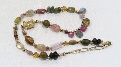 Solid 14K gold citrine tourmaline labradorite sapphire multi gemstone necklace - Image 1 of 4