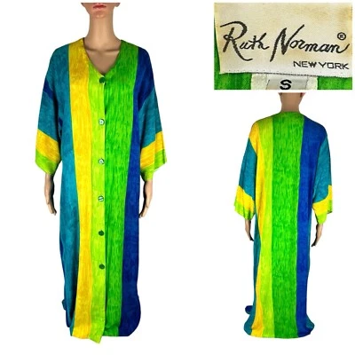 Ruth Norman New York Womens Small Dress Green Blue Vintage Floral Kaftan Lounge - Image 1 of 4