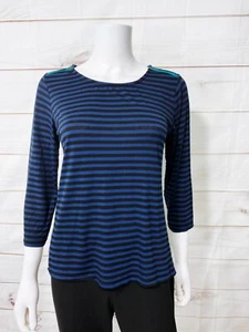 Fenn Wright Manson Womens Top Sz M Blue & Black Striped Shoulder Zip 3/4 Sleeve - Picture 1 of 8