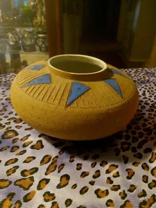 Vintage Art Pottery Stoneware Squat Vase Pot With Cobalt Blue Enamel *New* - Picture 1 of 11