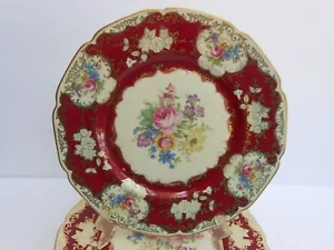 4 Heinrich SCHRANKTELLER antik Burgund Elfenbein Körper Supreme Dinner Gold Blumen - Bild 1 von 7