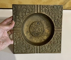 Vintage Brass Floral Embossed Square Ashtray 4 Slot Patina - Picture 1 of 16