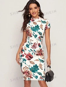 Floral Print Mock Neck Bodycon Dress - Picture 1 of 9