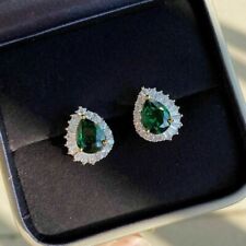 3Ct Pear Lab Created  Green Emerald Halo Stud Earrings In 14K White Gold Plated