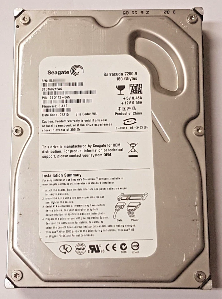 160 GB SATA Seagate barracuda 7200.9 ST3160212AS 2MB HDD 3.5 " Interno Disk - Immagine 1 di 1