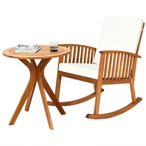 2PCS Patio Rocking Chair Set Round Table Solid Wood Cushioned Sofa Garden Deck - Picture 1 of 9